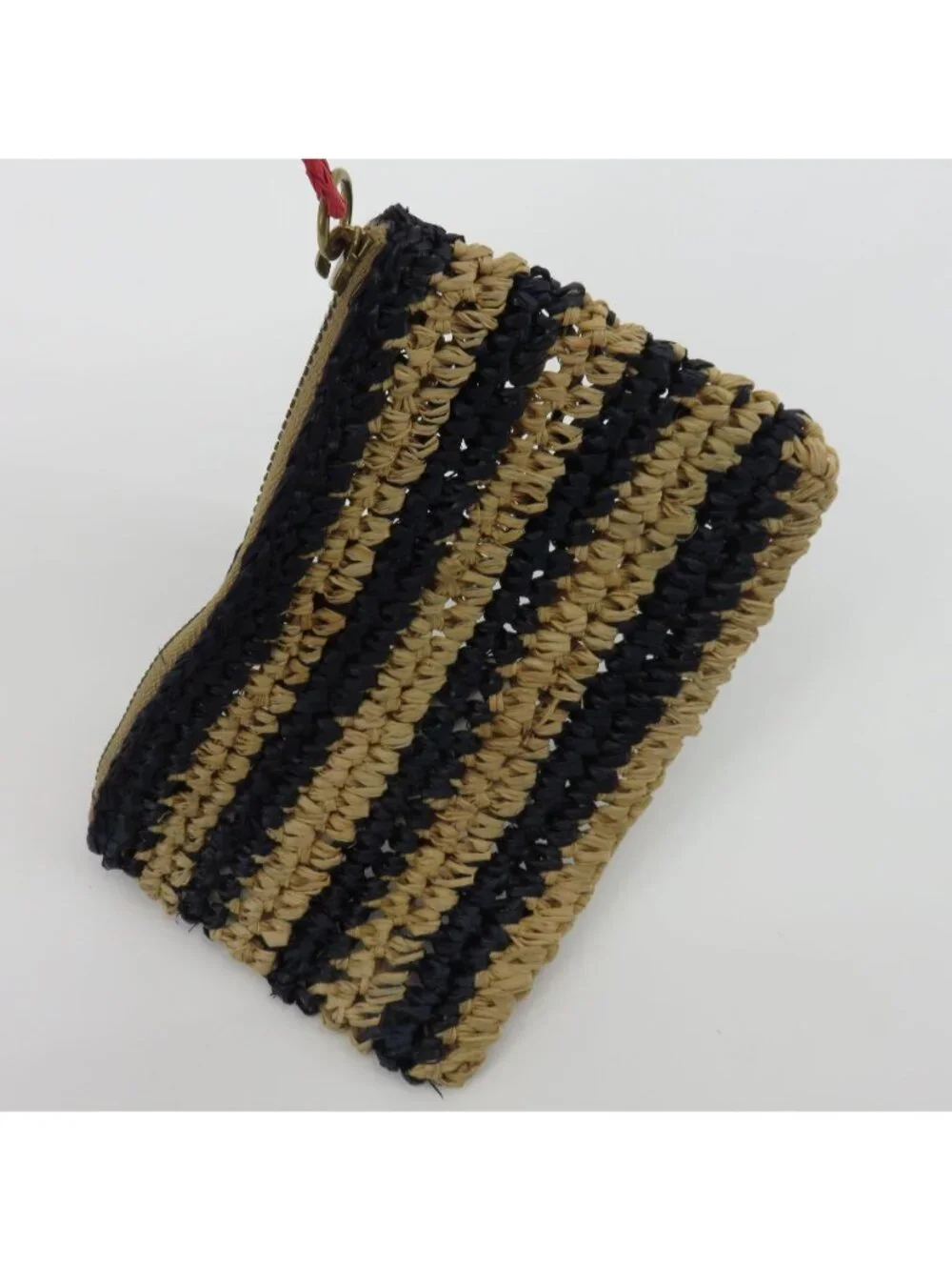 J Crew Tan Blue Straw Loose Woven Zippered Coin Purse Wallet Pom Pom Pull NEW